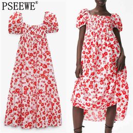 Red Summer Long Dress Women Floral Midi Woman Short Puff Sleeve es Ladies Ruched Ruffle Casual es 210519