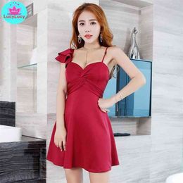 sling lotus leaf wrapped chest A word nightclub sexy women's dress Knee-Length Zippers Sleeveless 210416
