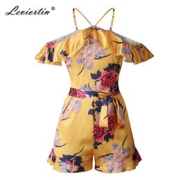 Leviortin Designer Women Floral Off Shoulder Jumpsuit With Belt Bohemian Beach Playsuit Strapless Boho Floral Romper Print Neon 210527