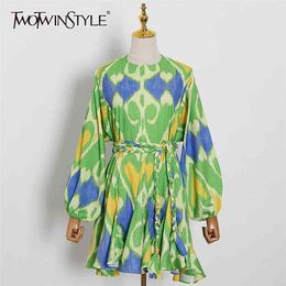 Hit Color Print Women Dress O Neck Long Sleeve High Waist Lace Up Bowknot Casual Dresses Female Summer 210520