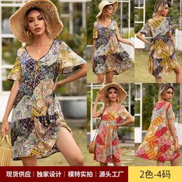 Summer Bohemian Vacation Beach Wind Neckline Tether Short Sleeve Dress Women Fashion A-Line Boho Style Print Femme Robe 210517