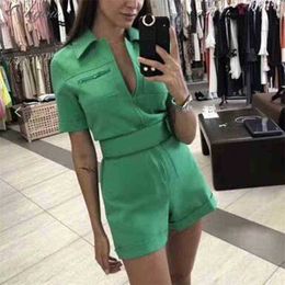 Summer Casual Ladies Green Pink Jumpsuit Shorts Star Party Sexy Bodycon Lapel Sleeve Belt 210525