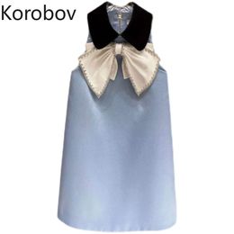 Korobov Korean Turn-Down Collar Bow Women Dress New Arrival Hit Color Patchwork A-Line Dresses Harajuku Summer Vestidos 210430