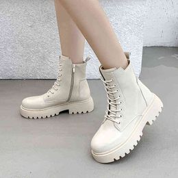 2021 New Black Platform Combat Ankle Boots for Women Lace Up Buckle Strap Woman Shoes Winter Biker Boots for Women H1126