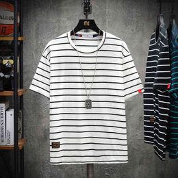 New Clothing Fashion T Shirt Men Cotton Mens Summer Tshirts Male Oversized Tee Shirts 5XL Striped T Shirt Tee for Man Streetwear H1218