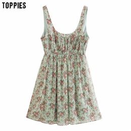 Woman Dress Sexy Sleeveless Mini Floral Printing Backless Blouses Slim Waist 210421