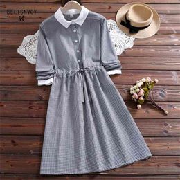 Autumn Spring Preppy Style Women Leisure Dress Turn-Down Collar Vintage Plaid String Shirt Long Sleeve Cotton Linen 210520