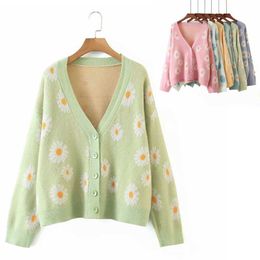 Women Little Daisy Sweater Cardigan Top Casual Long Sleeve V Neck Floral Print Loose Knit Loose Coat Jumpers Fresh Japan Wild 210610