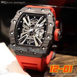 2022 Carbon Fiber Miyota Automatic Mens Watch All Black Skeleton Dial Red Rubber Strap Super Edition Puretime01 1201D4274o