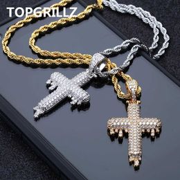 TOPGRILLZ Men's Hip Hop Religious Drop Cross Pendant Necklace Gold Silver Colour Cubic Zircon Jewellery Necklaces Gifts Rope Chain X0707