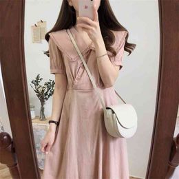 Plus size Summer Girls Boho Party Solid Pink Female Vintage Dress buttons Short Sleeve Women Dresses Robe Vestido 210417