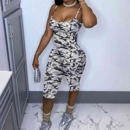 Spring Summer Stylish Women Jumpsuit Shorts Spaghetti Strap Camouflage Printed U Neck Sexy Bodycon Street Style Rompers 210517