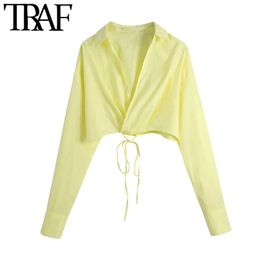 TRAF Women Fashion Adjustable Hem Cropped Crossover Blouses Vintage V Neck Long Sleeve Female Shirts Blusas Chic Tops 210415