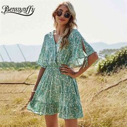 Surplice Neck Slit Sleeve Floral Print Ruffle Hem Dresses Women Summer Holiday Style Boho Casual Tunic Mini Dress 210510