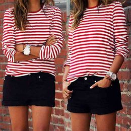 Women T-Shirt Casual Red White Striped Print Long Sleeve Loose Female Basic O-Neck Tops Fashion Ladies Streetwear 210522