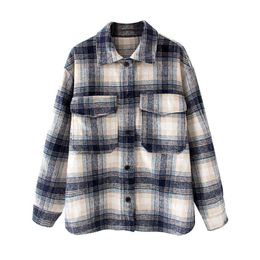 Stylish Sweet Plaid Shirt Jackets Women Fashion Pockets Design Lapel Cheque Jacket Cute Girls Chic Coat Streetwear 210430