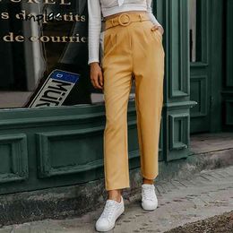 Elegant women office Autumn mid-high waist pleated cropped pants Chic winter belted pockets ladies trousers 210414
