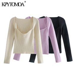 Women Fashion Sweetheart Neck Cropped Knitted Sweater Long Sleeve Fitted Female Pullovers Chic Tops 210420