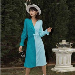 Spring Women Vintage Loose High Waist Slim Was Thin Elegant Hit Colour Splice Kinks Maxi Dress ZA5942 210427