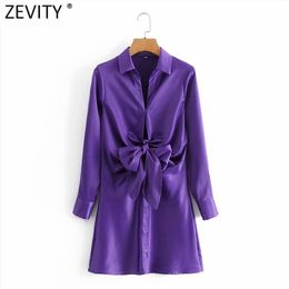 Women Fashion Turn Down Collar Front Bow Tie Satin Slim Shirt Dress Female Chic Breasted Casual Mini Vestidos DS8188 210416