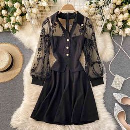 Women Vintage See Through Mesh Lace Patchwork Mini Dress Autumn Long Sleeve Buttons Party Office Lady Short 210603