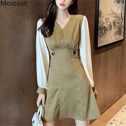 Spring Color-blocked Fashion Women Dress Full Sleeve V-neck A-line Dresses Elegant Ladies Vestidos Femme 210513