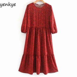 Fashion Women Vintage Floral Print Red Midi Dress Female Round Neck Lantern Sleeve Pleated Casual Summer XNWM9244 210514