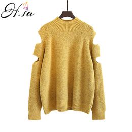 H.SA Winter Fashion Korean Jumpers Off the shoulder Hollow Out Long Yellow Sweaters Warm Soft Casual Knit Tops 210417