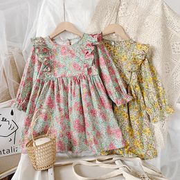 Girl Dress Flower Pattern Long Sleeve Baby Ruffles Kids dress Sweet Children Clothing Princess Party Girl Autumn Dresses 1-6Y Q0716