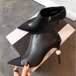 Design-ewome Boots shoes stiletto high heels fashion Genuine Leather dress shoes for birthday parties designer Pointed toes Sra zapatos with pearl