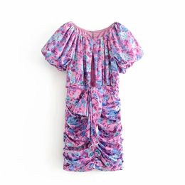 Women Sweet Stylish Floral Printed Ruffles Draped Mini Dress Vintage Sexy Hollow Out Back Buttons Zipper Female Dresses 210531