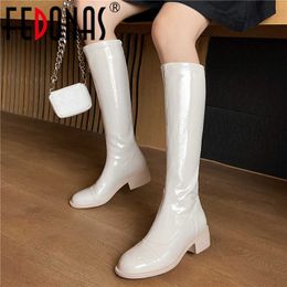 Zipper Buckle Straps Knee High Boots For Women Wide Leg Genuine Leather Chunky Heels Shoes Woman Party Basic Long 210528