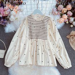 Kimutomo Korean Style Sweet Heart Printing Blouse Girls Spring Patchwork Fungus O-neck Puff Sleeve Loose Chic Shirt Elegant 210521