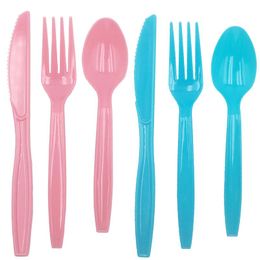 Disposable Dinnerware Cutlery Dessert Pink Blue Spoon Fork Knife Long Handle Christmas Birthday Wedding Party Supplies