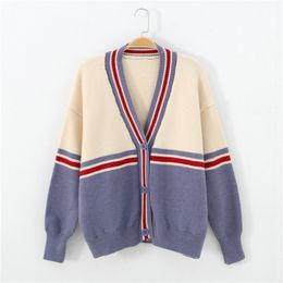 H.SA Women Knitted Sweater and Low V neck Patchwork Oversized Jacket Cute Purple Blue Knit Cardigans 210417