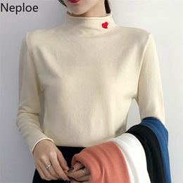 Slim Fit Pullover Sweater Half High Neck Long Sleeve Knit Jumper Pull Femme Jersey Heart Embroidiery Top Winter Fall47851 210422