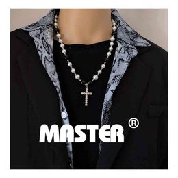 Master Hip Hop Pearl White Stone Cross Necklace Black and Pendant Neck Bone Chain Men Women