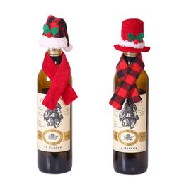 Christmas Buffalo Plaid Mini Santa Hat and Scarf Wine Bottle Cover Silverware Holder Xmas Table Ornaments XBJK2110