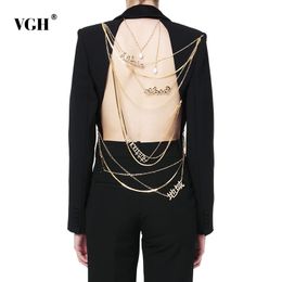 VGH Asymmetric Blazer For Women Notched Collar Long Sleeve Backless Sequined Chains Designer Coats Female Fashion New Tide 210330