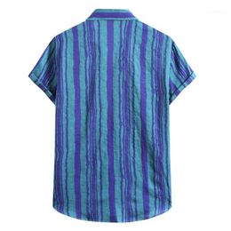 Men's T-Shirts Summer Short Sleeve 2021 Fashion Cotton Linen Stripe Print Button Shirt Blouse Male Beach