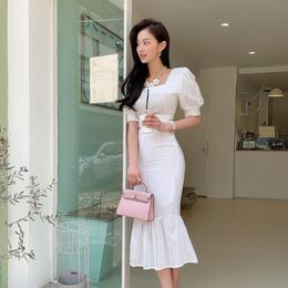 Elegant White Lace 2 Pieces Set Women Summer OL Square Collar Puff Sleeve Short Blouse Top & Long Skirts Mermaid Suit 210514