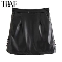 TRAF Women Chic Fashion Decorate Buttons Faux Leather Mini Skirt Vintage High Waist Side Zipper Female Skirts Mujer 210415