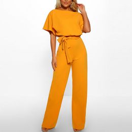 Summer Chiffon Jumpsuit Casual Solid Short Sleeve Wide Leg Jumpsuits with Belt Plus Size 3XL Overalls Rompers 210428