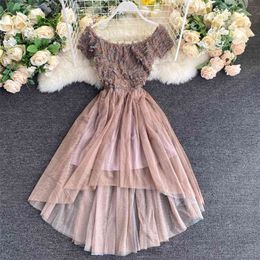 Lady Elegant Dress Women Fashion Sexy Slash Neck Short Sleeve High Waist Slim Irregular Ruffled Vestidos M979 210527