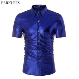 Royal Blue Coated Metallic Shirt Men Stage Dance Prom Night Club Wear Men's Short Sleeve Slim Fit Elastic Shirt Chemise Homme 210522