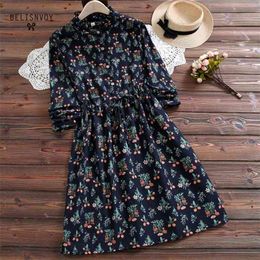 Mori Girl Floral Printed Vintage Dress Fashion Women Long Sleeve Spring Autumn es Ruffled Sweet Casual Femininos 210520