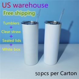 sublimation is UK - US Warehouse 20oz Straight Sublimation Tumblers 50pcs Carton Clear Straws and sealed lids Stainless Steel Glossy blank white Double wall Vacuum Insulated water cup