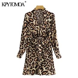 Women Chic Fashion With Bow Tied Leopard Print Mini Dress V Neck Long Sleeve Female Dresses Vestidos Mujer 210420