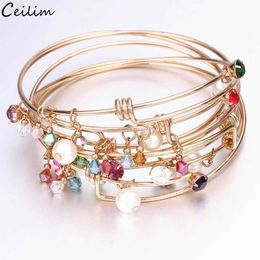 5pcs/lot Wholesale 2021 New Gold Colour Expandable Cable Wire Bangle Crystal Charm Cuff Bracelets for Women Diy Handmade Jewellery Q0719