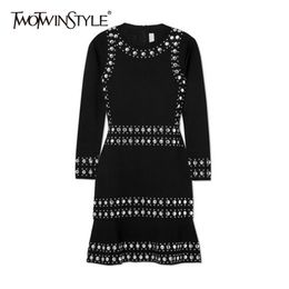 Black Knitting Dress Female O Neck Long Sleeve High Waist Rivets Mini Dresses Women Fashion Clothes Autumn 210520